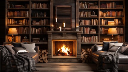 A cozy library with a fireplace - obrazy, fototapety, plakaty
