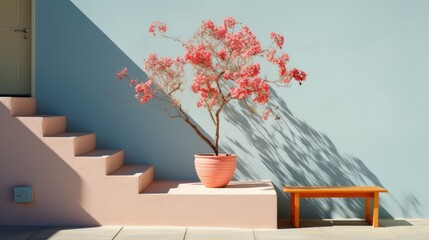 A potted bougainvillea plant sits on a pink concrete slab in front of a blue wall with a pink door and a wooden bench to the right.