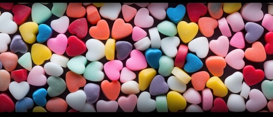 Colorful candy hearts on black background, valentine's day.