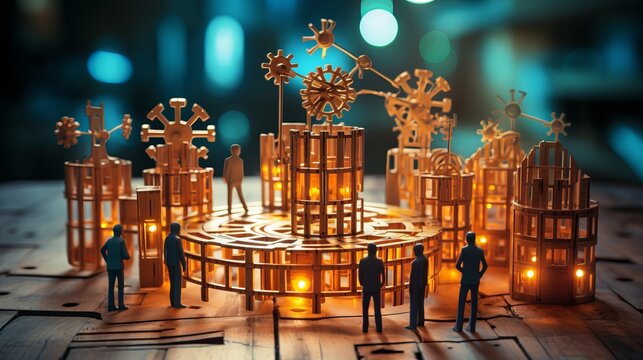 People in a city with wooden buildings and gears