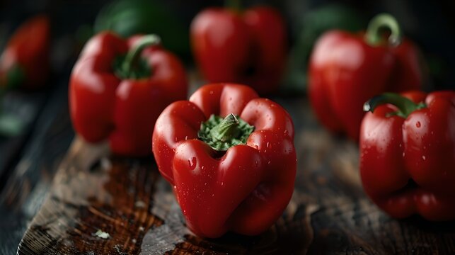 Fresh red bell peppers arranged on a rustic wooden surface. Rich colors and healthy food concept. Perfect for culinary websites and recipes. AI