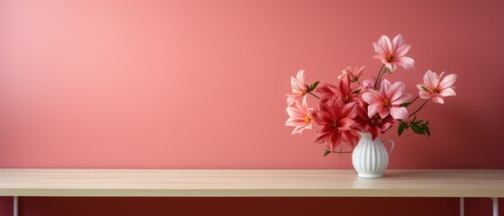 Vase with pink flowers on a wooden table and red wall background.
