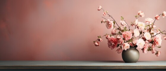 blossom flowers in vase on wooden table and pink background.