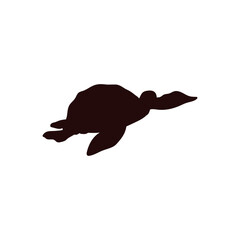 Black silhouette of a sea turtle side view, in a flat style on a white background