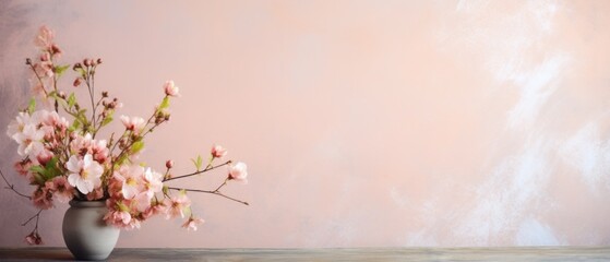 Vase with beautiful blossoming sakura branches on table against color background.