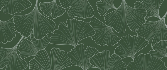Abstract foliage line art vector background. Leaf wallpaper of tropical leaves, ginkgo leaf, plants in hand drawn pattern on green. Botanical jungle illustrated for banner, prints, decoration, fabric.