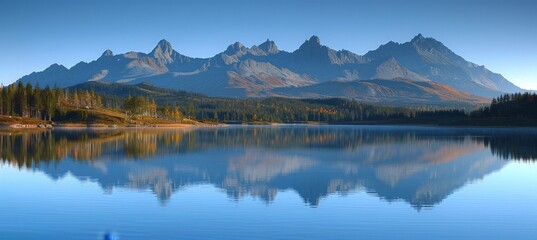 Serene high tatra lake  colorful autumn mountain sunrise reflection in pine forest - obrazy, fototapety, plakaty