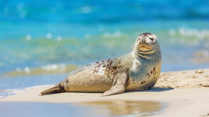 Obraz premium Seal on a Beach Blending with Pristine Sands and Shimmering Waters