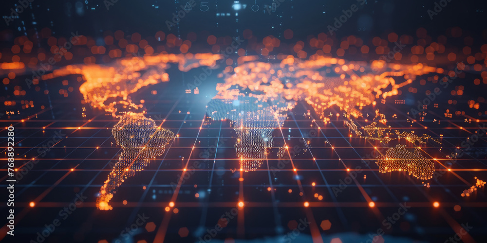Poster digital world map with global network connections and data flow lines, technology, innovation, busin