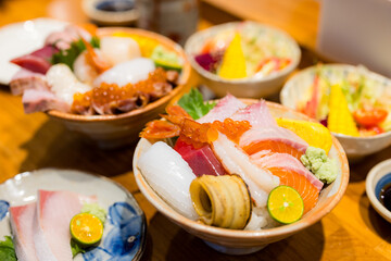 Japanese sashimi rice don in the restaurant - obrazy, fototapety, plakaty