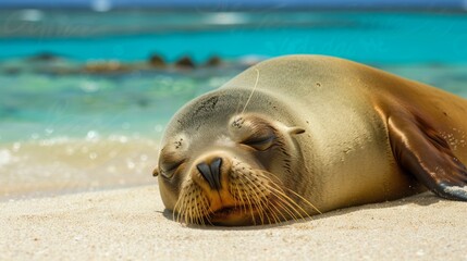 Obraz premium Seal on a Beach Blending with Pristine Sands and Shimmering Waters