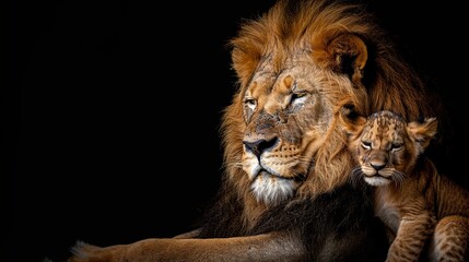 Fototapeta premium Male lion and cub portrait with space for text, object on right side, ideal for detailed captions