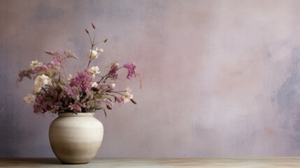 Flower bouquet in vase on wooden table and wall background.