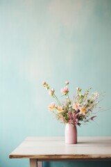 Vase with wildflowers on table against turquoise wall.