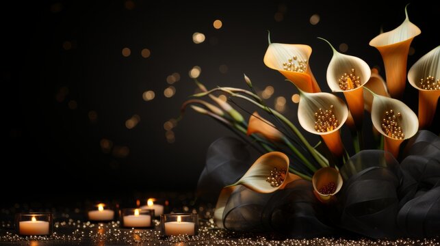 Elegant calla lilies bouquet with candles on dark background