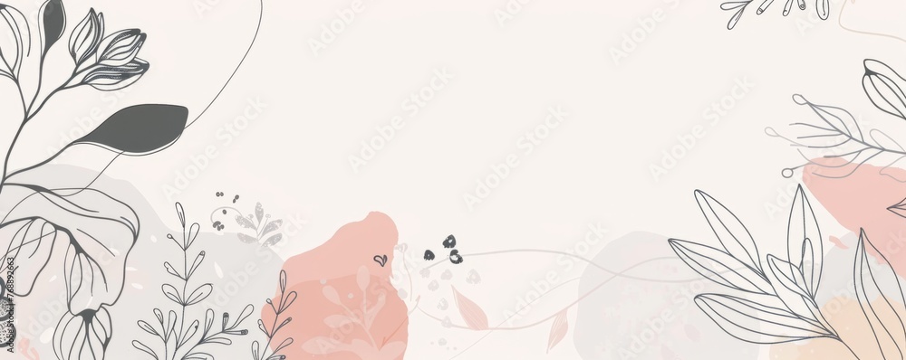 Poster line art banner template with botanical elements, pastel pink and beige colors, simple design for so