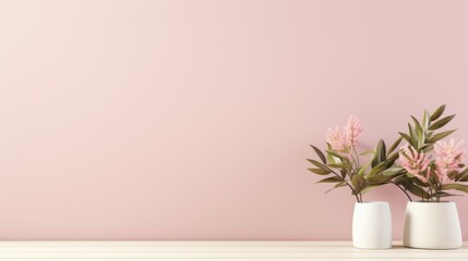 Pink flower in white vase on wooden shelf and pink wall background.