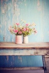 Vase of wildflowers on wooden table with blue wall background.