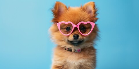A playful Pomeranian dog with heart-shaped pink glasses and a collar, enjoying a sunny day.