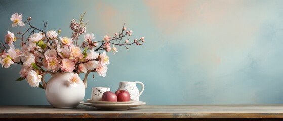 Easter eggs and cherry blossom flowers in vase on wooden table.
