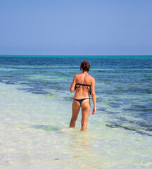 Fototapeta na wymiar Beautiful woman in the bikini swimming suite walking in the beach. Holiday