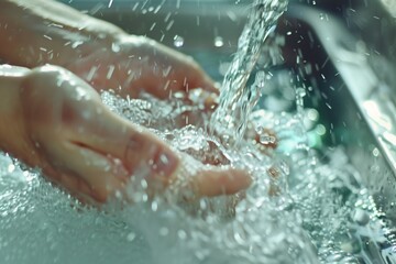 Fototapeta premium Clean water flows from a tap, captured in a refreshing splash, promoting health and hygiene.