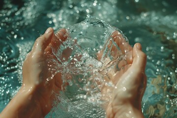 Fototapeta premium A woman's hand splashes water, embodying a refreshing and clean concept of nature and health.