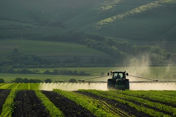 A farmer drives a tractor in an agricultural field, fertilizing and moistening the land.
