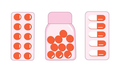 Set of orange tablets in pink blister packs and in a jar. Medicines.  Tablets and capsules