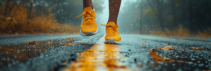 Athletic woman running in rain-soaked trainers, embodying dedication to fitness and wellness on...