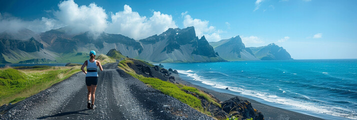 Sporty woman running along a coastal road with a breathtaking scenic view of nature.