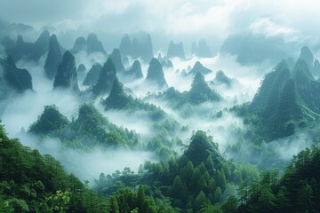 Mysterious mountainous wilderness, shrouded in fog, embodying the beauty of nature. - obrazy, fototapety, plakaty