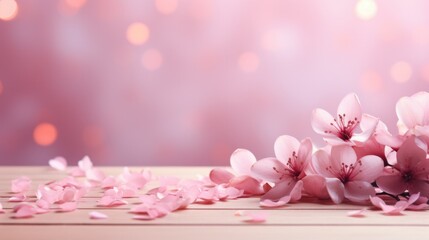 Pink sakura flowers on wooden table with bokeh background.
