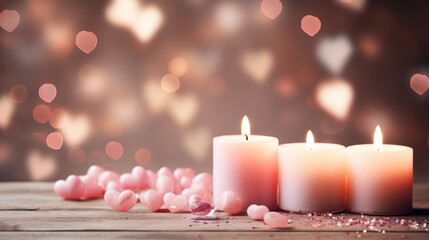 valentines day background with candles and hearts bokeh.