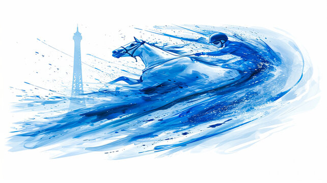 A horse is running in the water with a man on its back. The image has a sense of motion and excitement