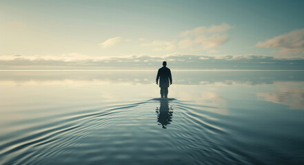 A man standing in the middle of a body of water, surrounded by calm waves and a cloudy sky - obrazy, fototapety, plakaty