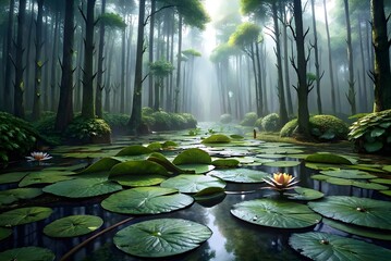 Mystical Forest Water Lilies Misty Trees Reflection Tranquil Pond Serene Nature