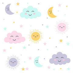 Fototapeta na wymiar Background with beautiful smiling colorful clouds and stars.Vector illustration