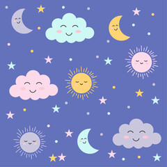 Obraz na płótnie Canvas Background with beautiful smiling colorful clouds and stars.Vector illustration