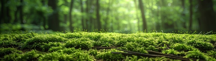 The texture of moss and grass on a forest floor symbolizing natures carpet