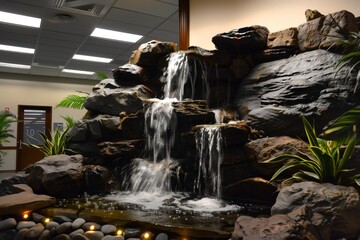 indoor office rock waterfall feature with led lighting accents
