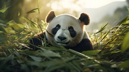 Outdoor-Kissen Giant panda eating bamboo in the forest, sunlight, cute, HD, zoo banner, wallpaper  © Mockup Lab
