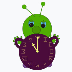 Happy businessman stand leaning to big clock. Concept of time management. Vector, illustration, flat.