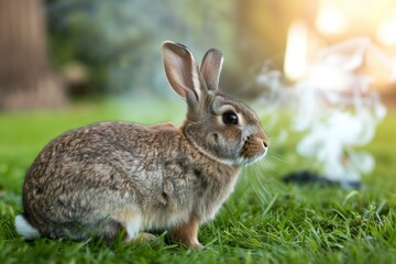 Naklejka na ściany i meble rabbit on grass with smoke rising in distance