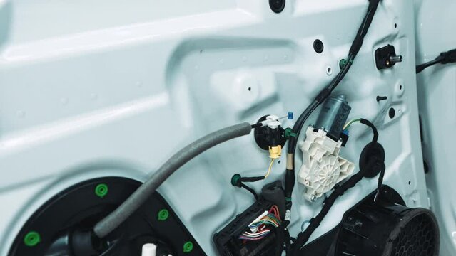closeup view of a car door from inside, car details, showroom. High quality 4k footage