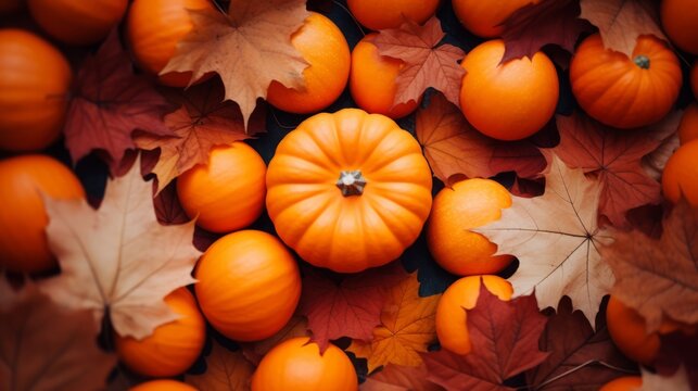 Miniature pumpkins and fall leaves