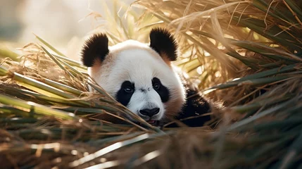 Schilderijen op glas Giant panda eating bamboo in the forest, sunlight, cute, HD, zoo banner, wallpaper  © Mockup Lab
