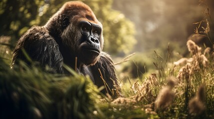 Black silver back gorilla in the forest, sunlight, cute, HD, zoo banner, wallpaper 
