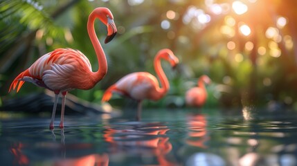 Elegant flamingos wading through shallow waters of a jungle pond in a graceful display