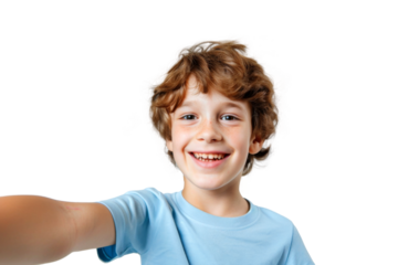 Portrait of cute little kid taking selfie posing with smile and attractive focus look, isolated on transparent png background.
